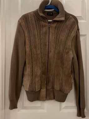 Vintage Sears Premiere Genuine Suede Cable Knit Zip Cardigan